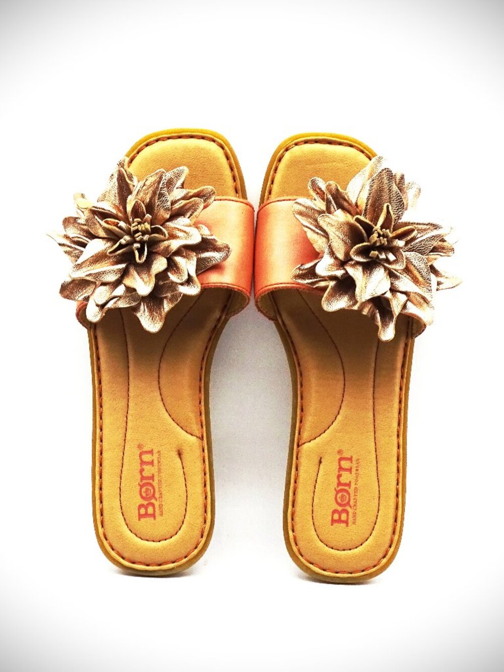 BORN Hibiscus Slide Flat Leather Sandals Rose Gold Metallic Flower Size 6